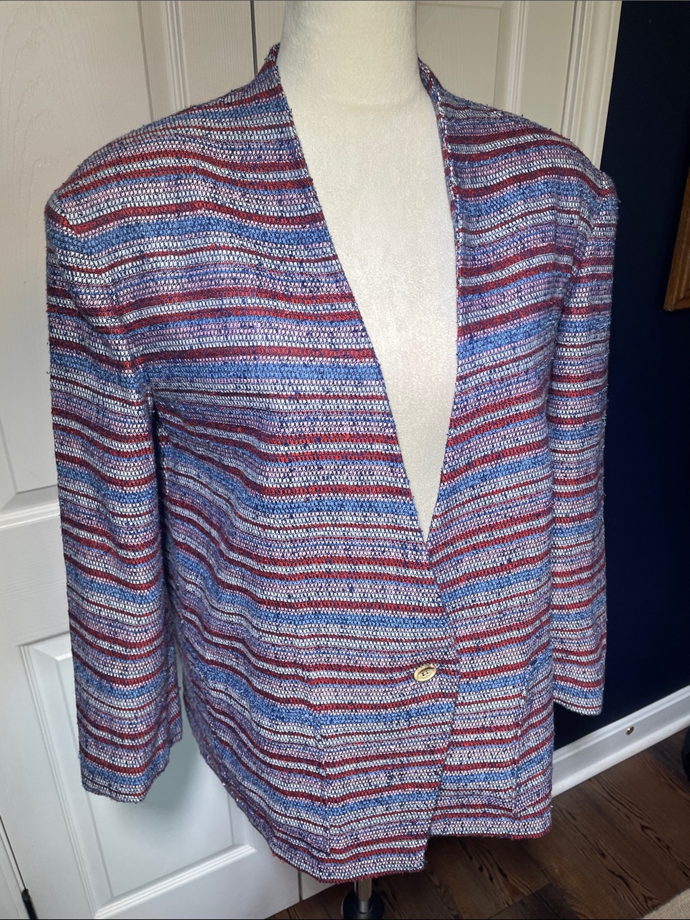 Vintage Halston III Striped Open-Front Woven Textured Blazer Blue Red White Pink